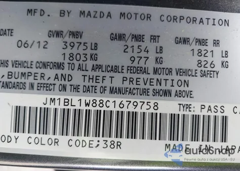 2012 Mazda Mazda3 I Grand Touring z USA, uszkodzony, nr VIN JM1BL1W88C1679758